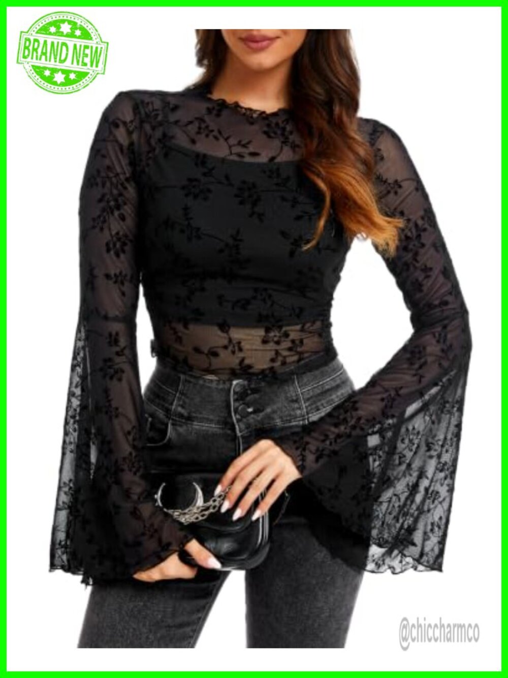 Women's Sheer Lace Mesh Top & Camisole Set Bell Sleeve Crop